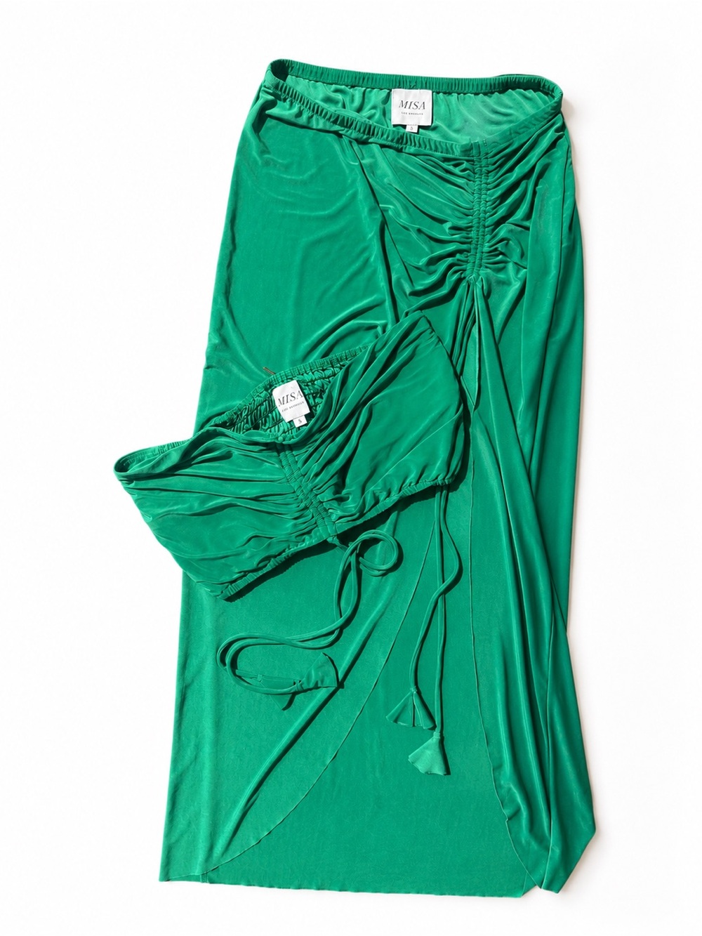 Misa Los Angeles Emerald Green Side-Ruched Maxi Skirt bandeau set - Picture 1 of 10